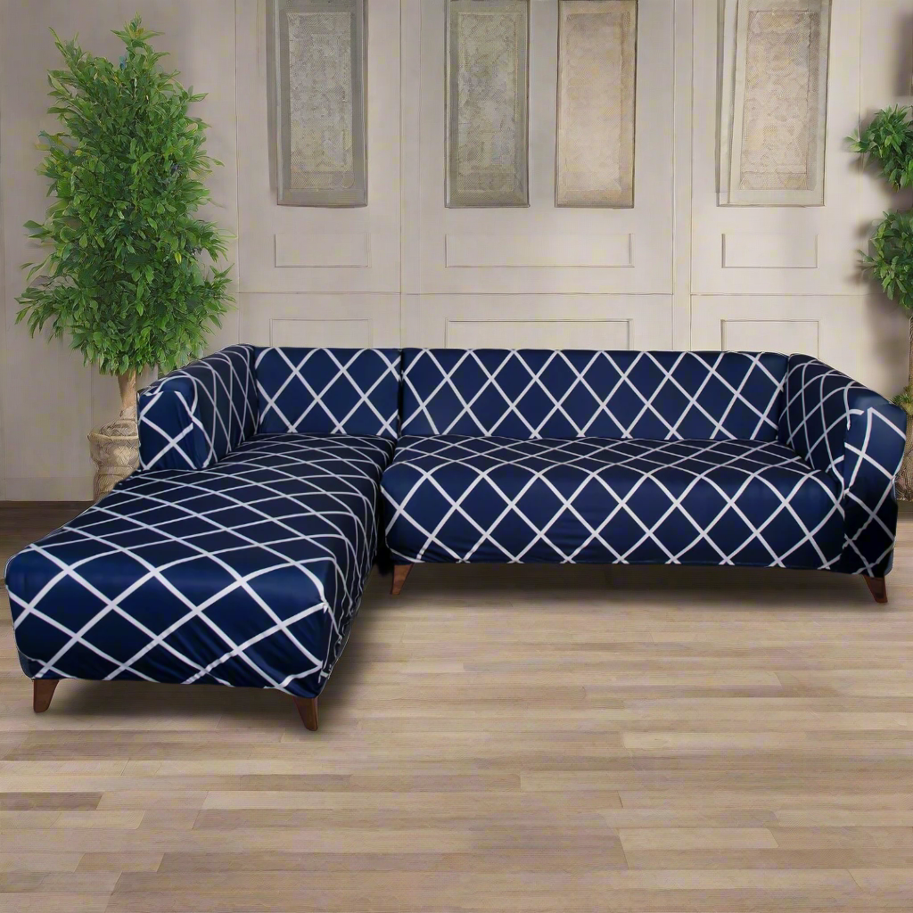 Navy Blue checks Elastic L-Shape Sofa Slipcovers