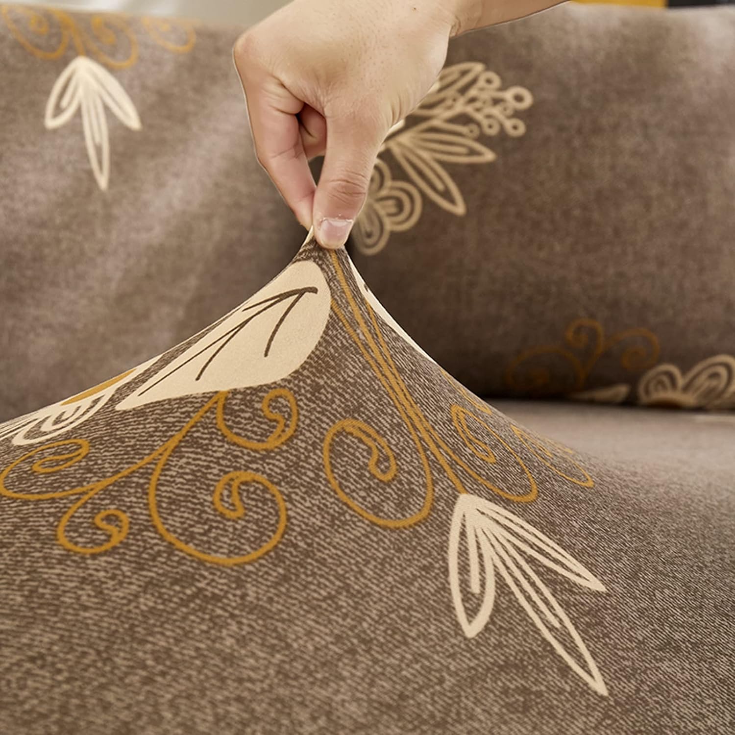 L-Shape Sofa Cover - Beige Brocade