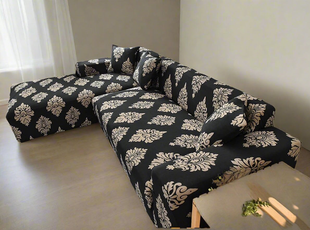 L-Shape Sofa Cover - Black Brocade