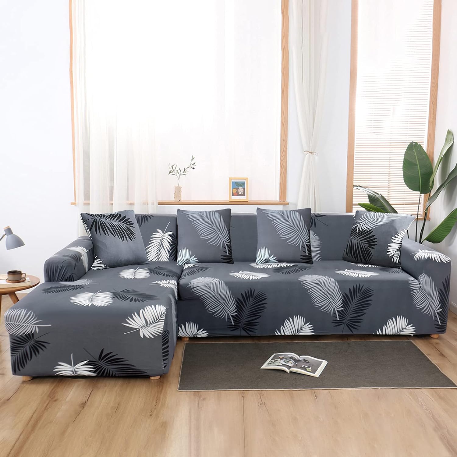L-Shape Sofa Cover - Charcol Fern
