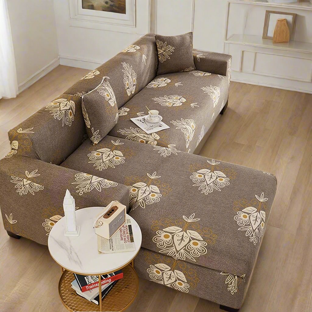 L-Shape Sofa Cover - Beige Brocade