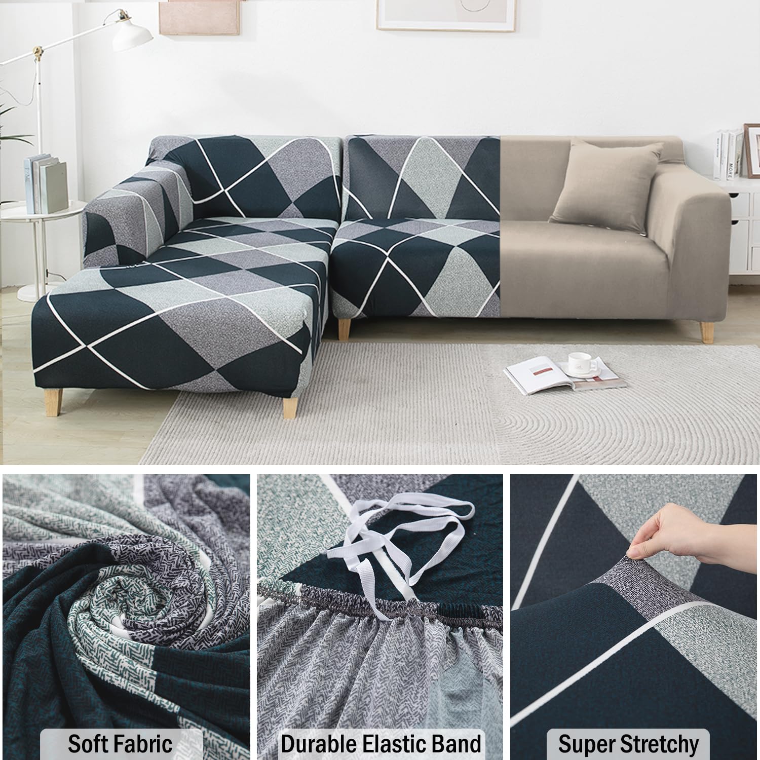 L-Shape Sofa Cover - Checkkerplaid Blue