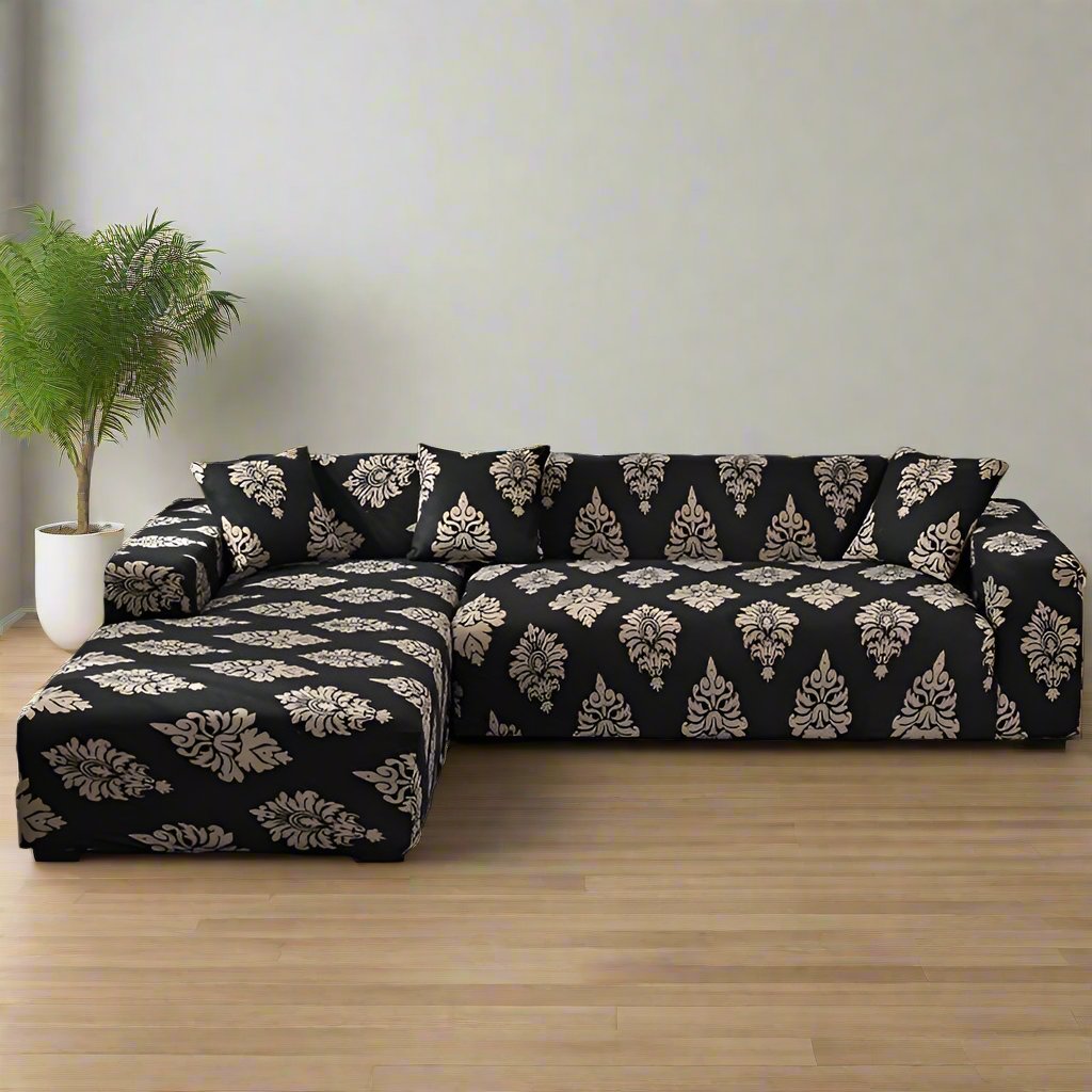 L-Shape Sofa Cover - Black Brocade