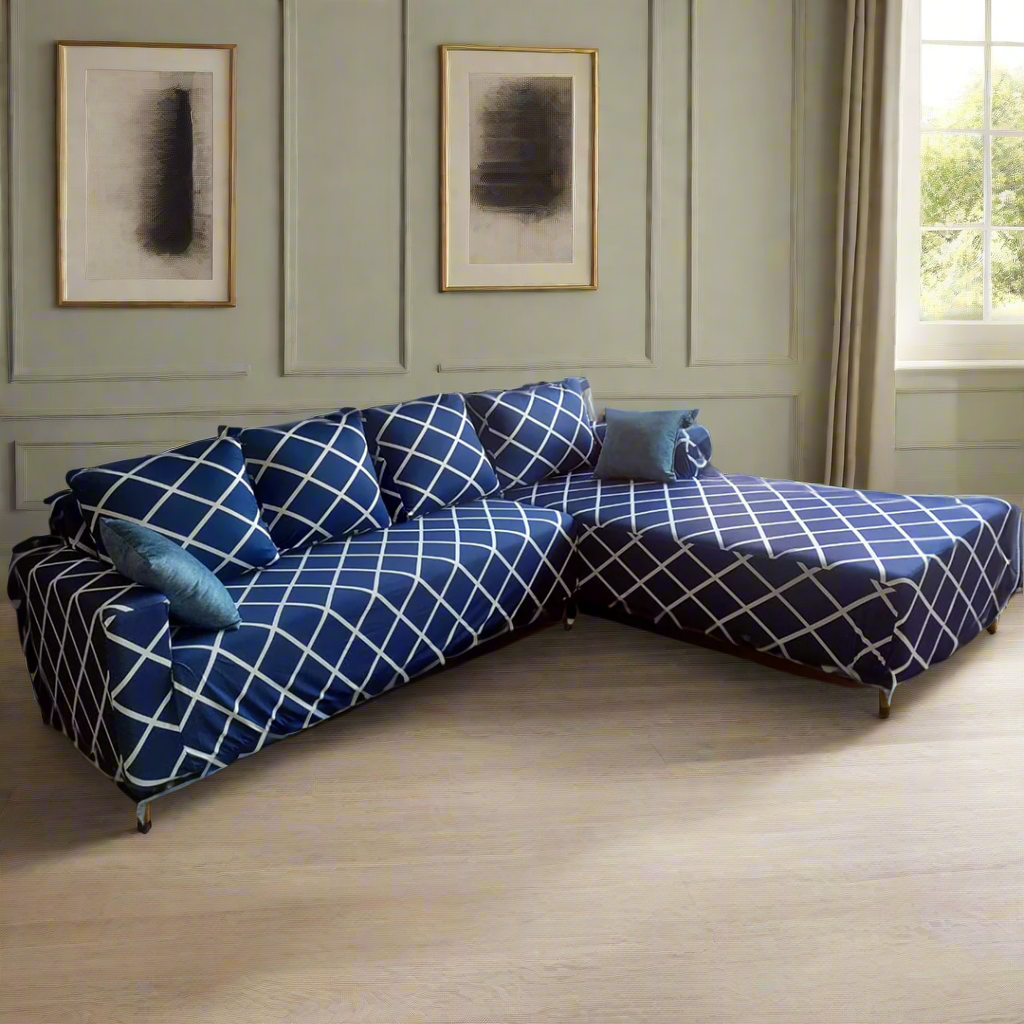 L-Shape Sofa Cover - Navy Blue checks