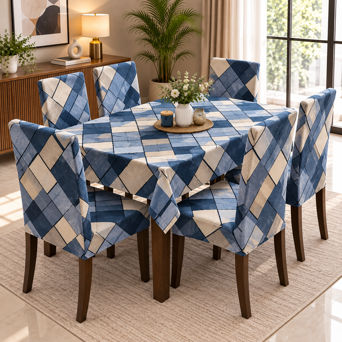 Blue Checks – Premium Dining Set Cover