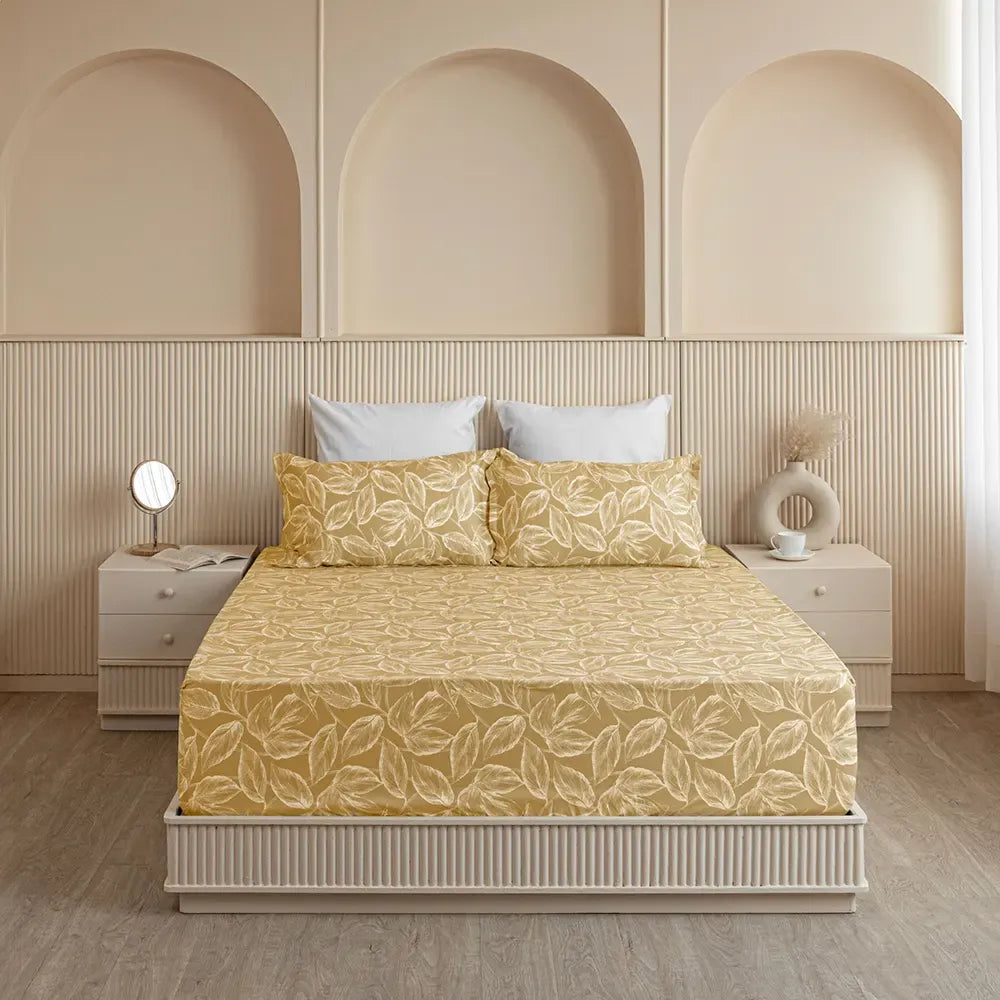 100% Dustproof & Water Resistant + 360°  Elastic Fitted Golden Cotton Printed Bedsheet