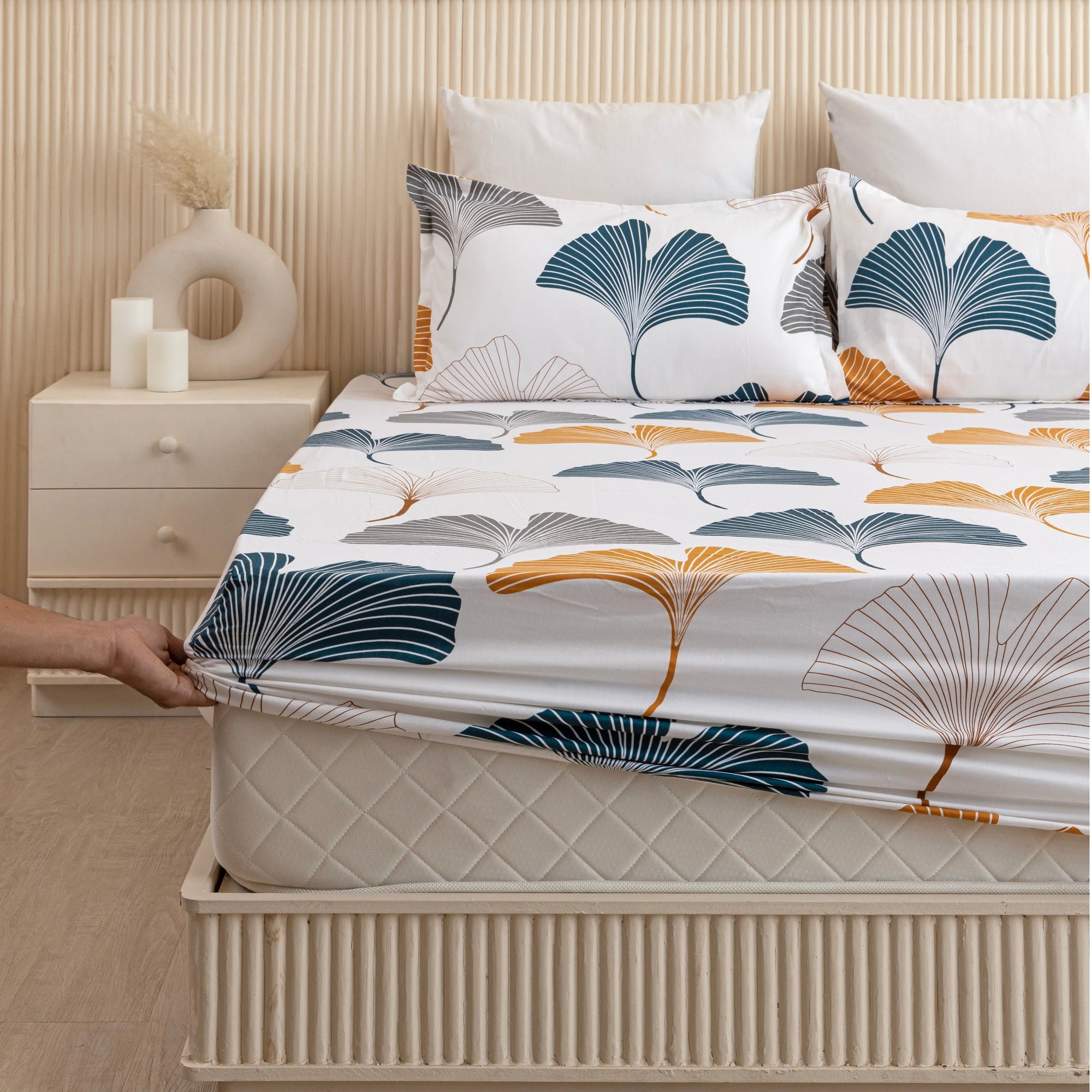 100% Dustproof & Water Resistant + 360°  Elastic Fitted Floral Printed Bedsheet (Mustard & Grey))