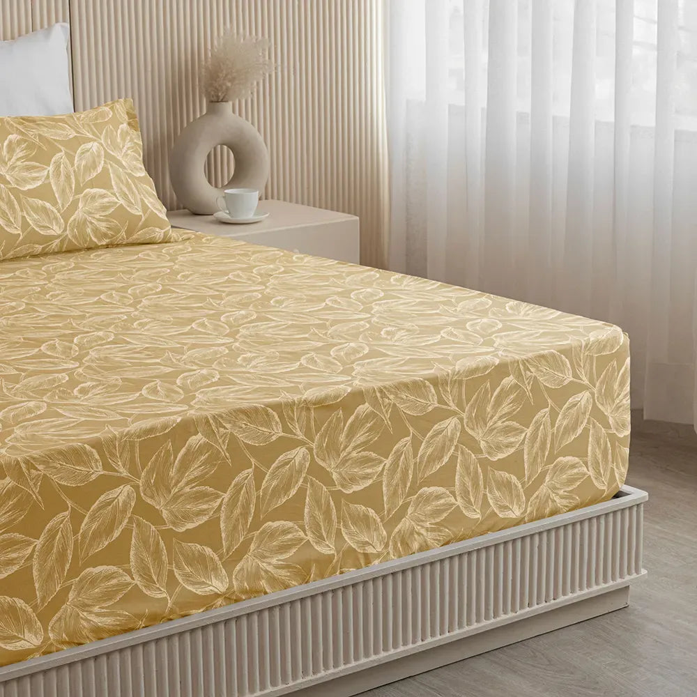 100% Dustproof & Water Resistant + 360°  Elastic Fitted Golden Cotton Printed Bedsheet