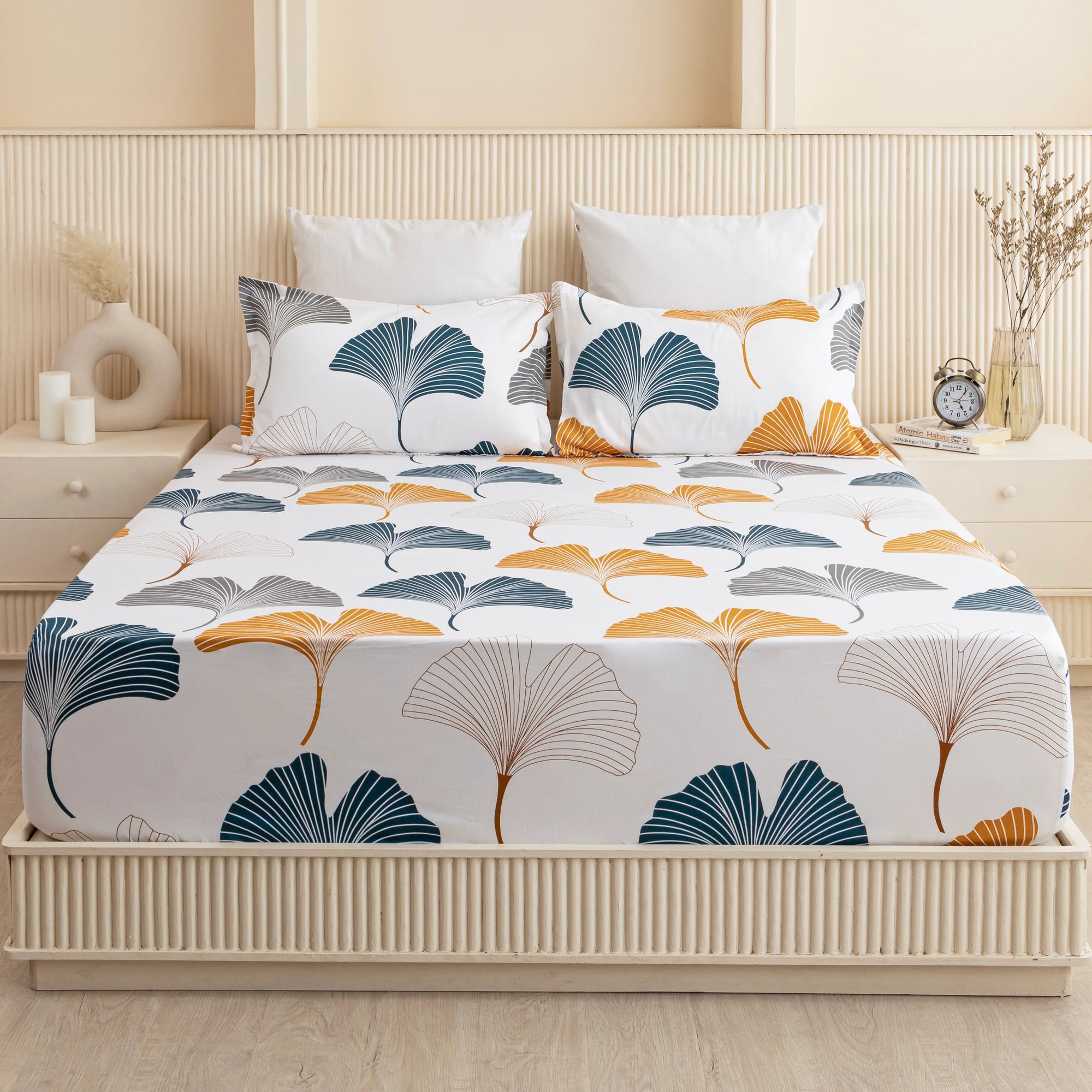 100% Dustproof & Water Resistant + 360°  Elastic Fitted Floral Printed Bedsheet (Mustard & Grey))