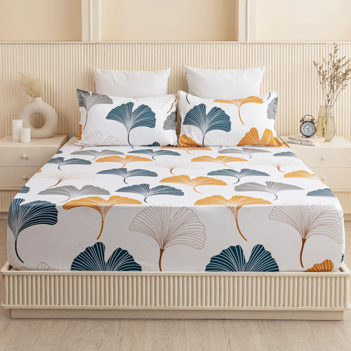 100% Dustproof & Water Resistant + 360°  Elastic Fitted Floral Printed Bedsheet (Mustard & Grey))
