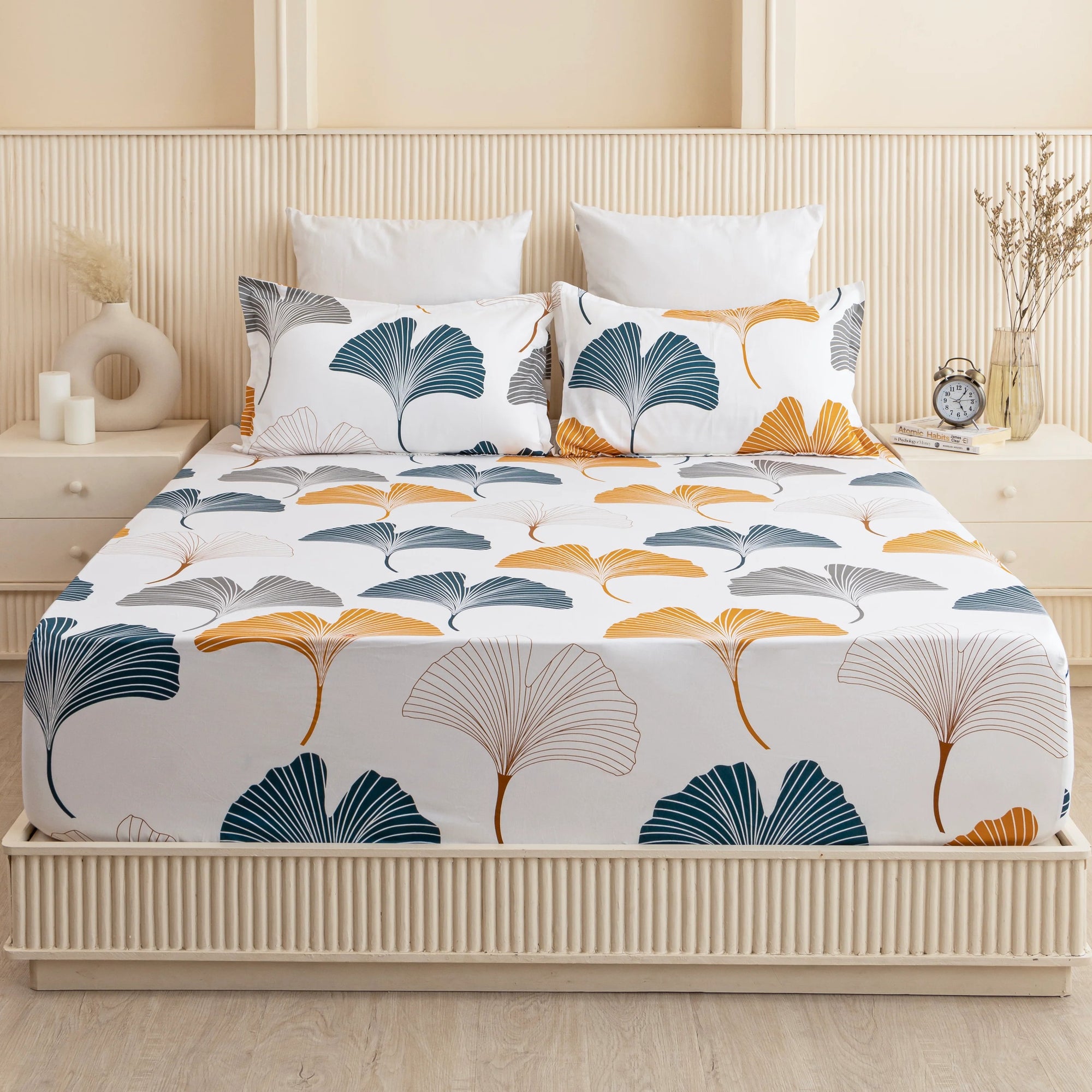 100% Dustproof & Water Resistant + 360°  Elastic Fitted Floral Printed Bedsheet (Mustard & Grey))