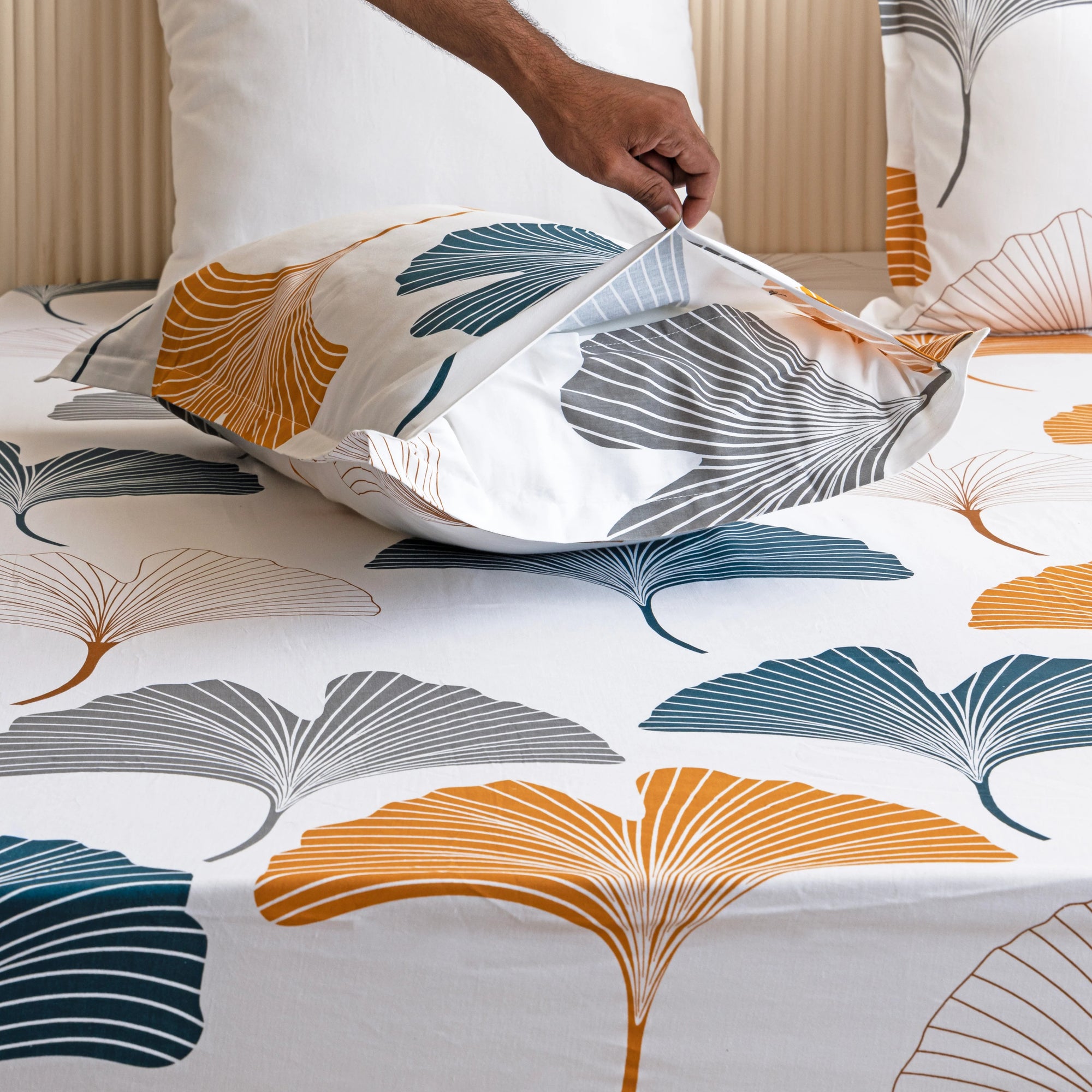 100% Dustproof & Water Resistant + 360°  Elastic Fitted Floral Printed Bedsheet (Mustard & Grey))