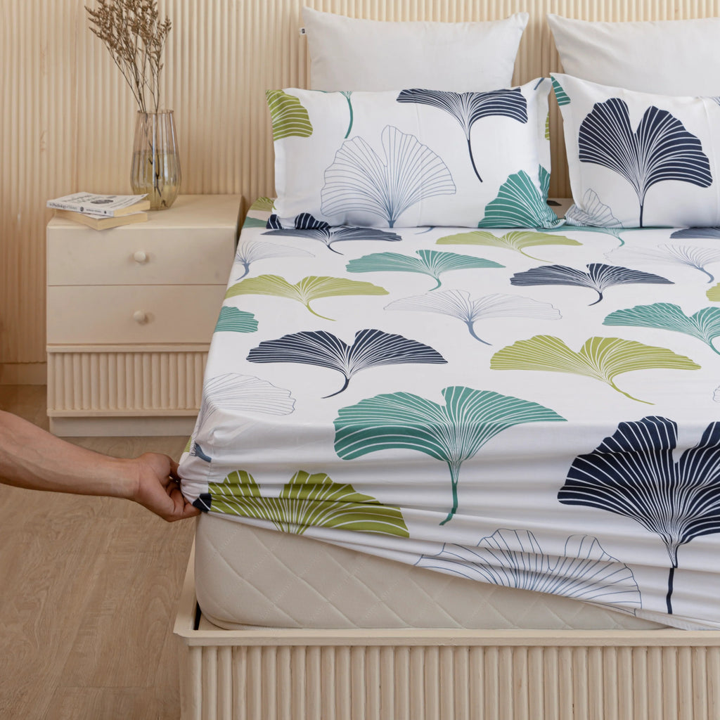100% Dustproof & Water Resistant + 360°  Elastic Fitted Floral Printed Bedsheet (Blue & Green)