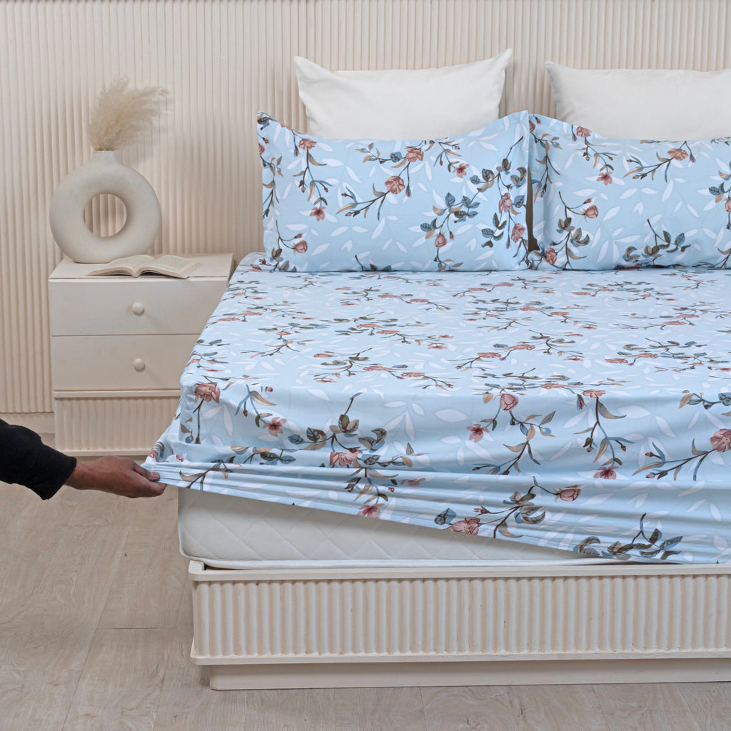 100% Dustproof & Water Resistant + 360°  Elastic Fitted Light Cyan Printed Bedsheet