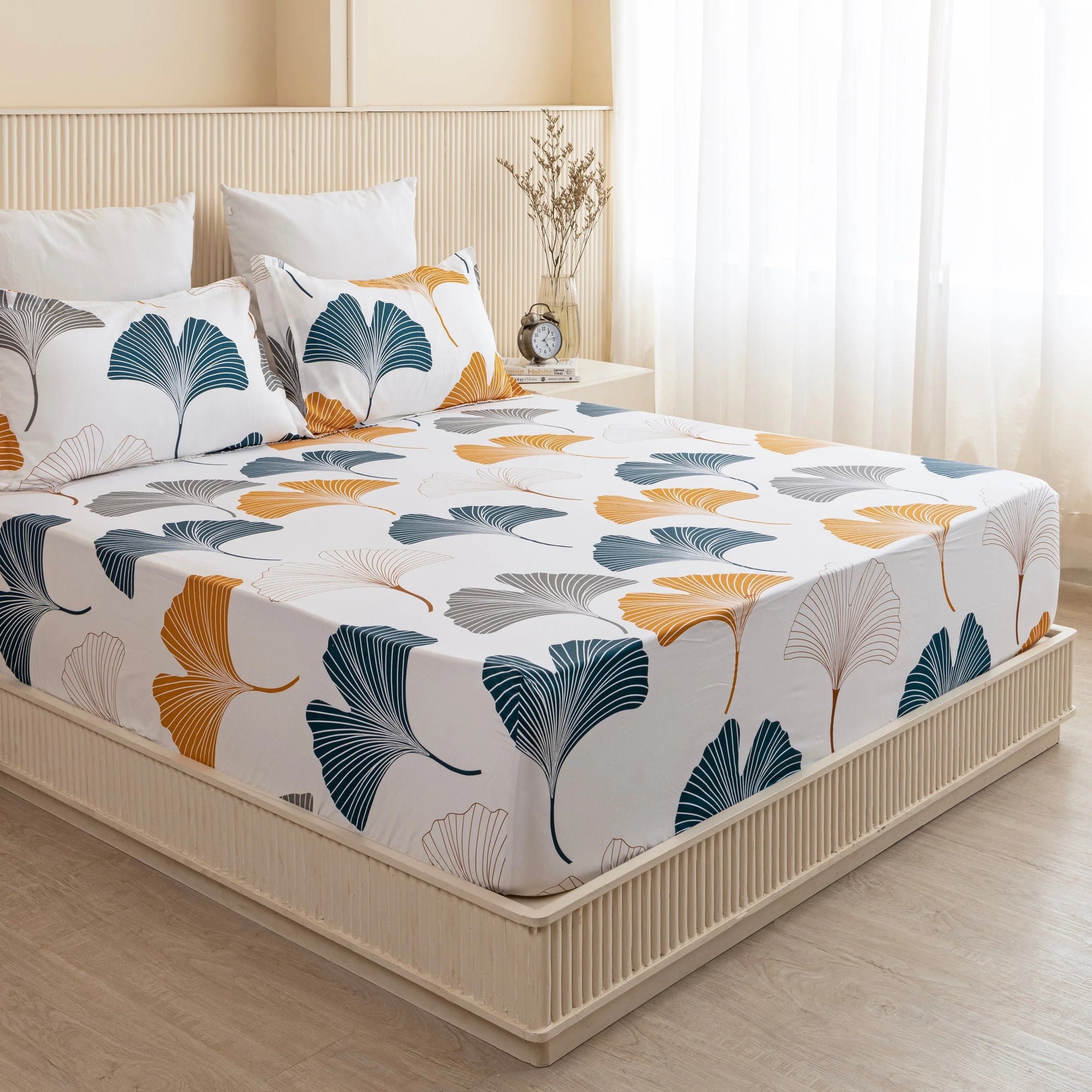 100% Dustproof & Water Resistant + 360°  Elastic Fitted Floral Printed Bedsheet (Mustard & Grey))