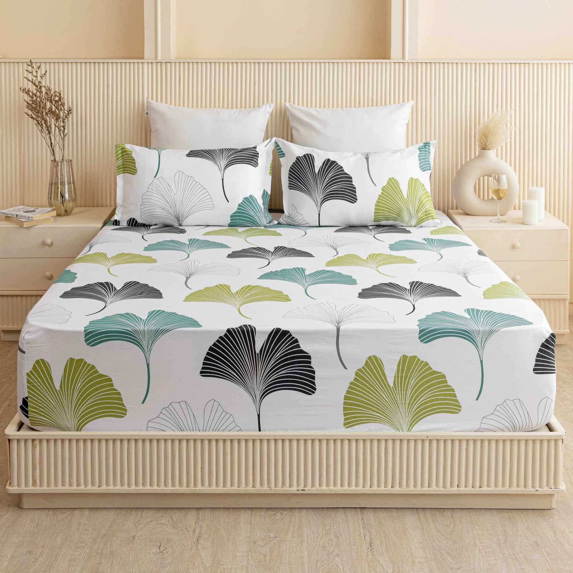 100% Dustproof & Water Resistant + 360°  Elastic Fitted Floral Printed Bedsheet (Blue & Green)